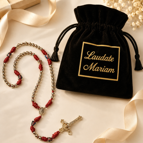 Personalized Saint Benedict Catholic Rosary, 8mm Gold Beads with Red Cord