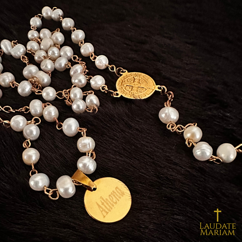 Personalized Freshwater Pearl Rosary with St. Benedict Cross