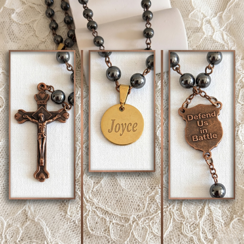 St. Michael the Archangel Personalized Rosary - with Hematite Semi-Precious Stone Beads