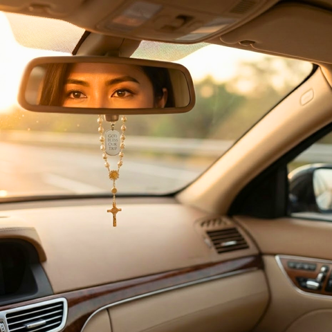 Personalized St. Benedict Car Rosary with Faux Pearl Beads