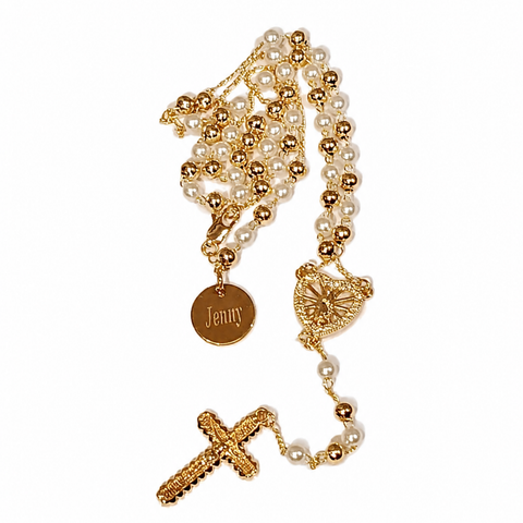 Pearl and Gold Heart of Mary Personalized Rosary