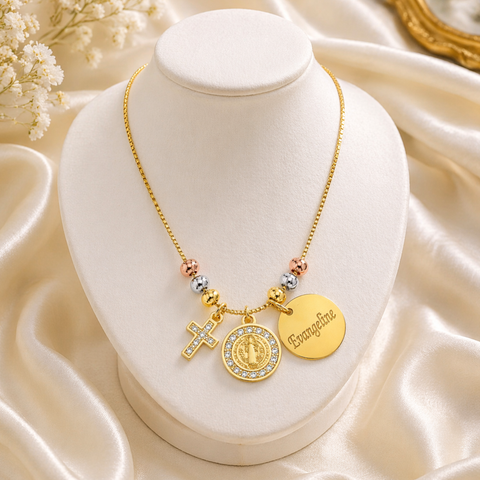 Personalized St. Benedict Gold Necklace with Name – Tri-Color Beads Catholic Jewelry Gift