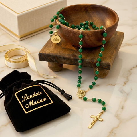 Our Lady of Guadalupe Rosary – Green Glass Beads with Stainless Steel Chain Catholic Prayer Rosary