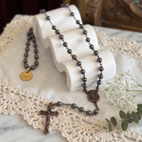 St. Michael the Archangel Personalized Rosary - with Hematite Semi-Precious Stone Beads