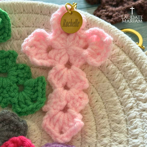 Personalized Catholic Keychain with Crochet Cross – Handmade Faith Gift for All Ages