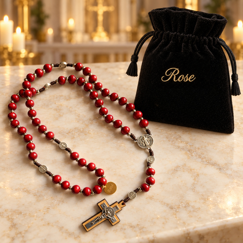 Red Wooden Saint Benedict Personalized Rosary