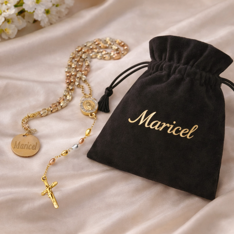 Tri-Color Watermelon Bead Rosary with Guadalupe Zirconia Pendant and Gold Crucifix