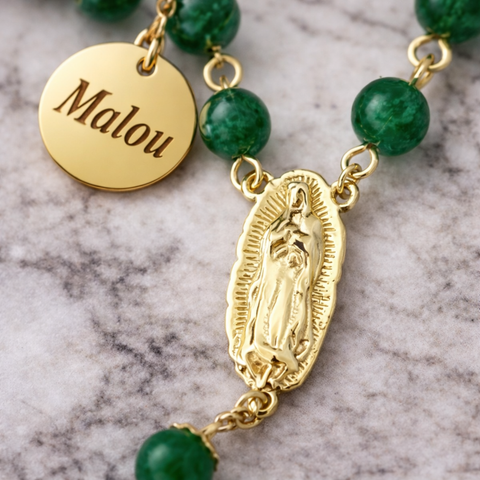 Our Lady of Guadalupe Rosary – Green Glass Beads with Stainless Steel Chain Catholic Prayer Rosary