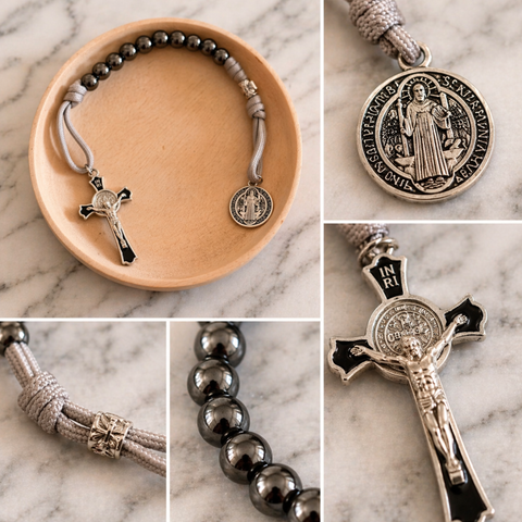 St. Benedict Handheld Cross with Medal & Beads – A Powerful Catholic Sacramental for Protection