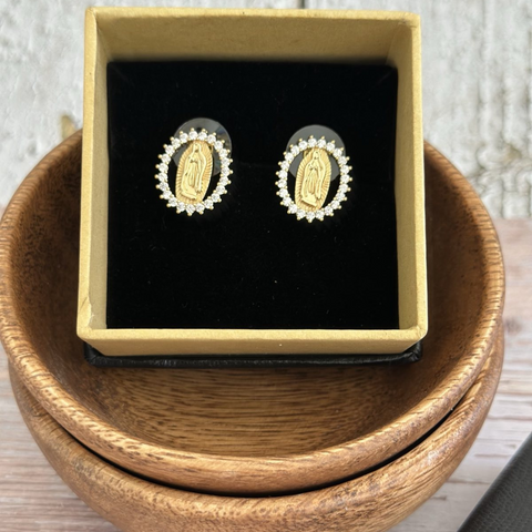 Our Lady of Guadalupe Devotional Earrings with Sparkling Crystal Border