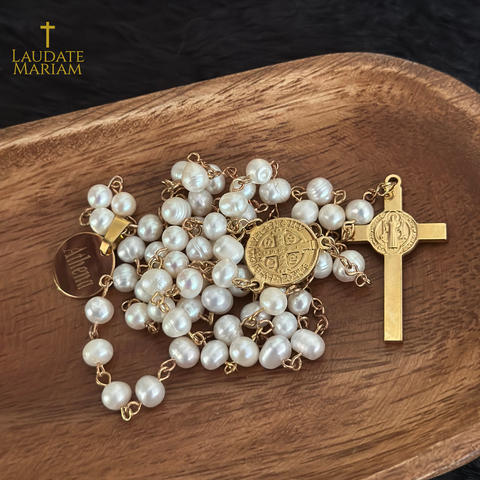 Personalized Freshwater Pearl Rosary with St. Benedict Cross