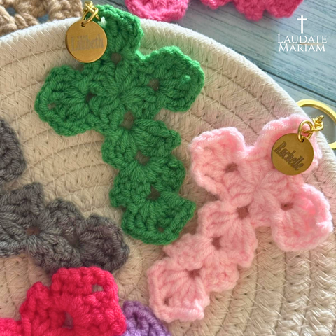 Personalized Catholic Keychain with Crochet Cross – Handmade Faith Gift for All Ages