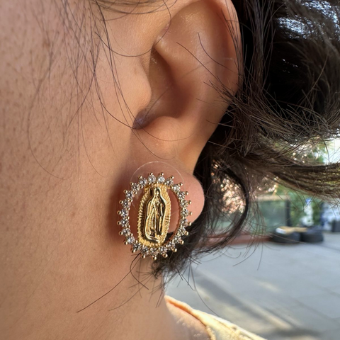 Our Lady of Guadalupe Devotional Earrings with Sparkling Crystal Border