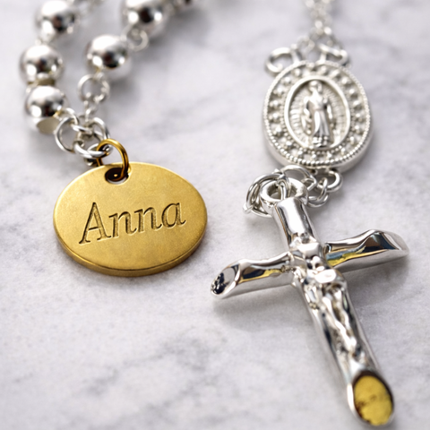Our Lady of Guadalupe Stainless Steel Rosary in Silver & Gold with Custom Pouch
