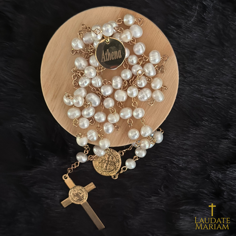 Personalized Freshwater Pearl Rosary with St. Benedict Cross
