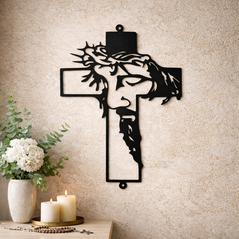 Crown of Thorns Jesus Wall Art – Black Metal Catholic Cross Decor