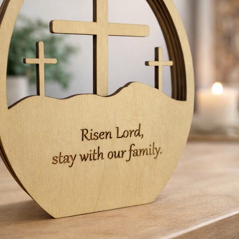 Christian Easter Decor – He Is Risen Wooden Cross & Empty Tomb Table Display