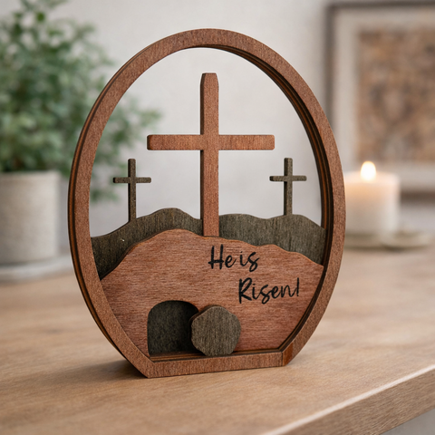 Christian Easter Decor – He Is Risen Wooden Cross & Empty Tomb Table Display