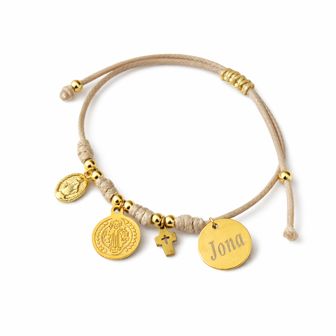 Personalized Catholic Gold Bracelet for Women - With St. Benedict Medal, Miraculous Medal and Cross