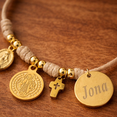 Personalized Catholic Gold Bracelet for Women - With St. Benedict Medal, Miraculous Medal and Cross