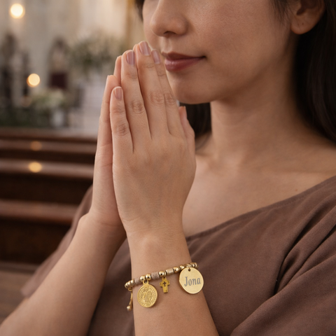 Personalized Catholic Gold Bracelet for Women - With St. Benedict Medal, Miraculous Medal and Cross