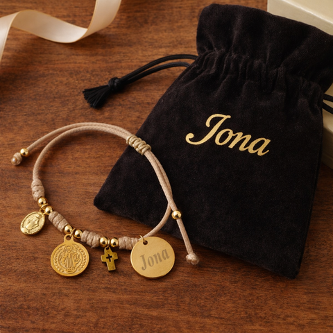 Personalized Catholic Gold Bracelet for Women - With St. Benedict Medal, Miraculous Medal and Cross