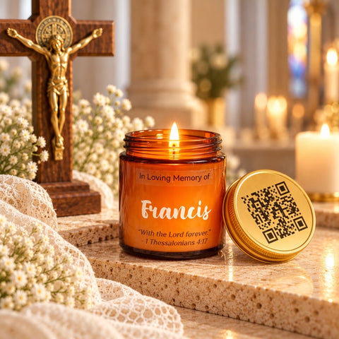 Lit amber memorial candle with the name Francis and a gold QR code lid beside a crucifix
