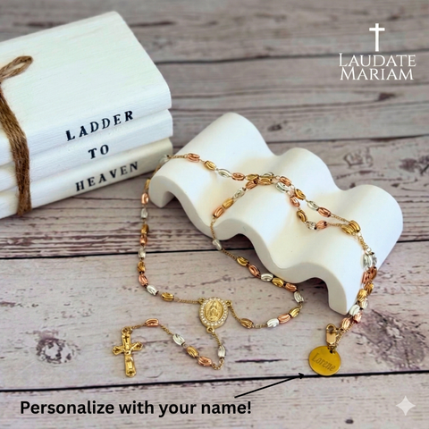 Personalized Our Lady of Guadalupe Tricolor Rosary – Custom Name | Gold, Rose Gold, Silver Beads
