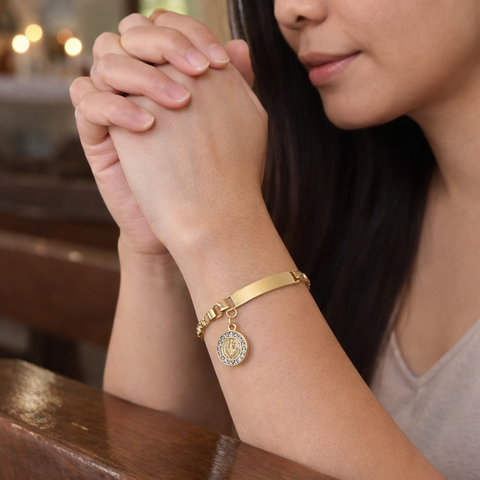 Personalized Catholic Gold Bracelet with St. Benedict Medal