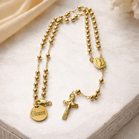 Our Lady of Guadalupe Stainless Steel Rosary in Silver & Gold with Custom Pouch