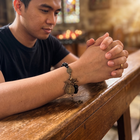 St. Benedict Medal Bracelet – Black Wood Beads with Antique Crucifix Charm