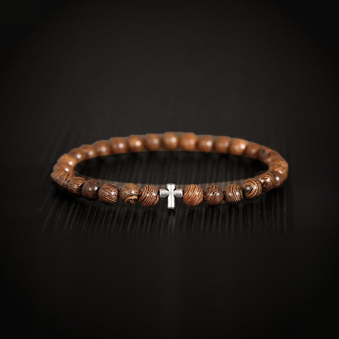 Catholic bracelet for men with silver cross and 8mm natural wood beads