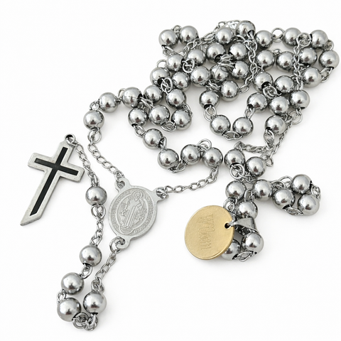 Personalized St. Benedict Stainless Steel Rosary Necklace (Silver & Gold) Catholic Prayer Beads