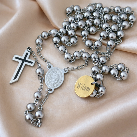 Personalized St. Benedict Stainless Steel Rosary Necklace (Silver & Gold) Catholic Prayer Beads