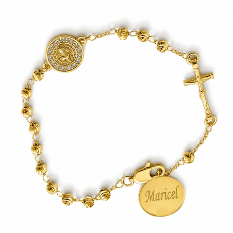 Personalized St. Benedict Gold Bead Bracelet with Cross Charm