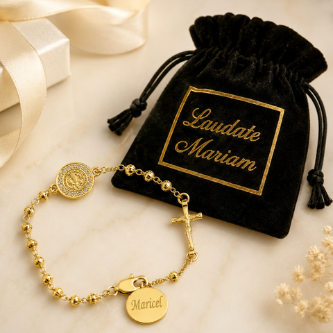 Personalized St. Benedict Gold Bead Bracelet with Cross Charm