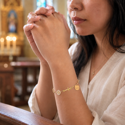 Personalized St. Benedict Gold Bead Bracelet with Cross Charm