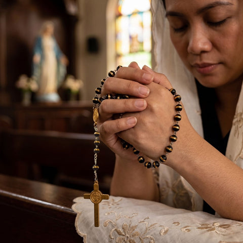 Personalized Black Rubber Rosary with Blessed Virgin Mary Pendant – Custom Catholic Prayer Beads