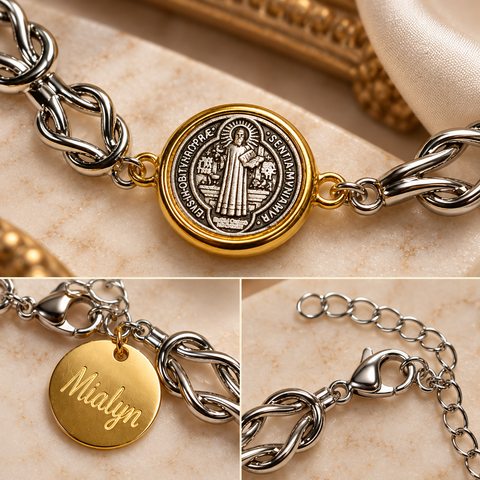 Personalized Saint Benedict silver bracelet with Gold medal