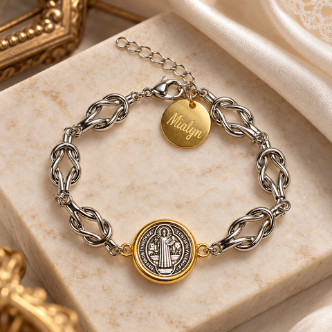Personalized Saint Benedict silver bracelet with Gold medal