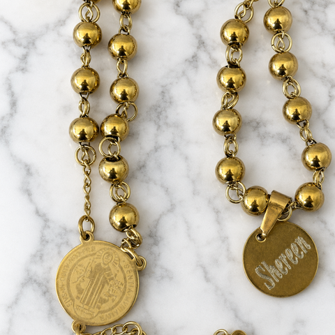 Personalized St. Benedict Stainless Steel Rosary – Gold & Two-Tone Custom Catholic Prayer Beads