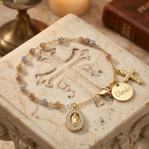Personalized Our Lady of Guadalupe Rosary Bracelet with Name, Tri-Color Beads Catholic Jewelry Gift