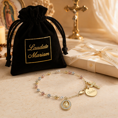 Personalized Our Lady of Guadalupe Rosary Bracelet with Name, Tri-Color Beads Catholic Jewelry Gift