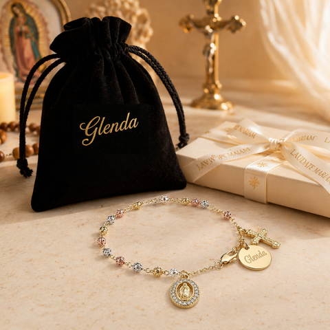 Personalized Our Lady of Guadalupe Rosary Bracelet with Name, Tri-Color Beads Catholic Jewelry Gift