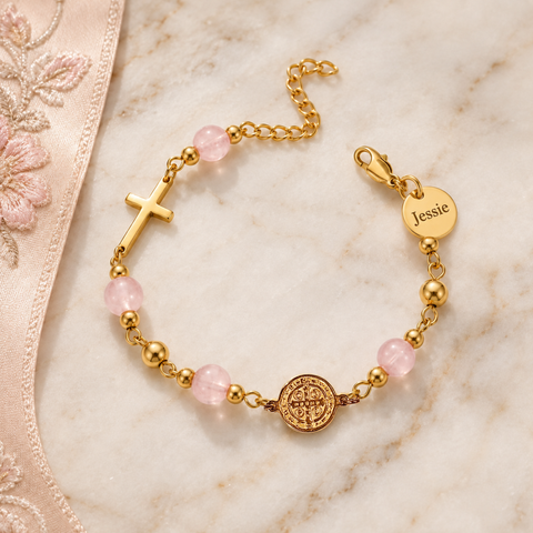 St. Benedict Medal and Cross Personalized Color Bracelet