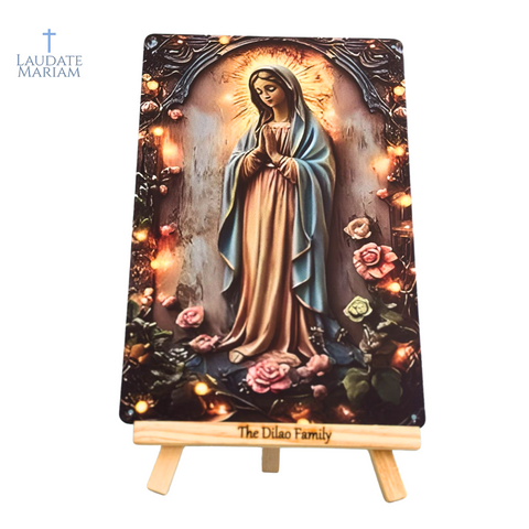 Our Lady of Lourdes 2D Personalized Faith Plaque – High-Quality Steel Catholic Wall Art with Custom Engraved Stand