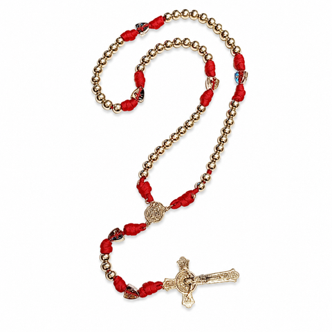 Personalized Saint Benedict Catholic Rosary, 8mm Gold Beads with Red Cord