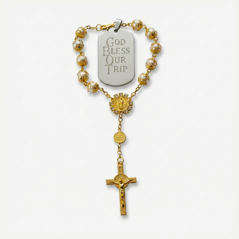 Personalized St. Benedict Car Rosary with Faux Pearl Beads