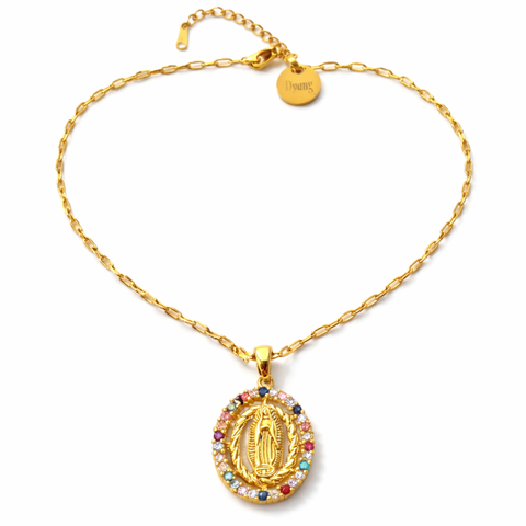 Our Lady of Guadalupe Gold-Tone Stainless Steel Necklace with Multicolor Zirconia Semi-Precious Stones