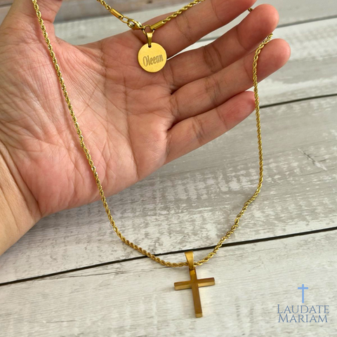 Personalized Gold Cross Necklace - Custom Name Engraved, 100% Gold-Plated Stainless Steel